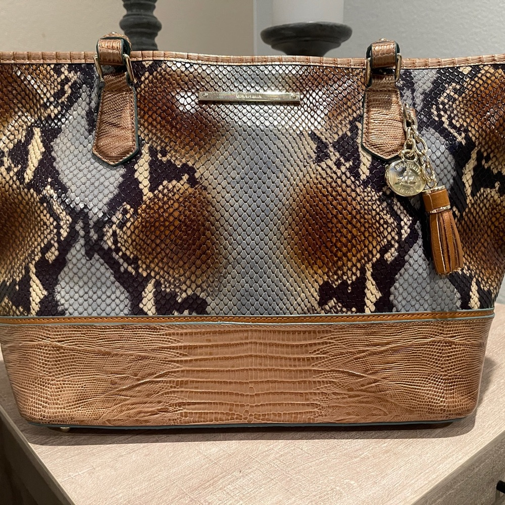 Brahmin Snakeskin Dark Brown, blue, and tan Leather Handbag